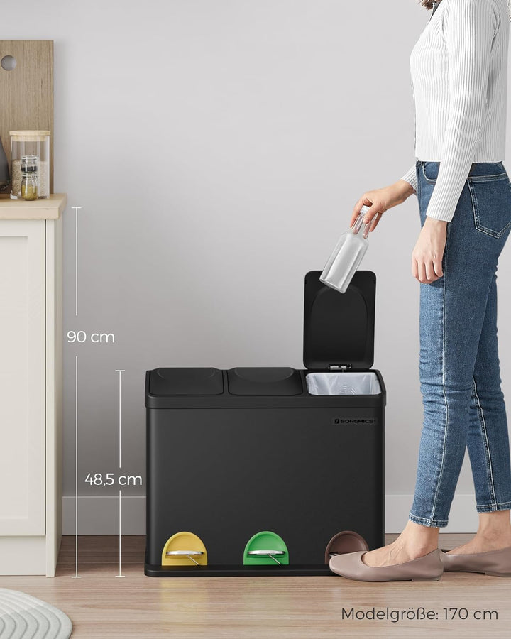 SONGMICS Mülleimer Küche, Mülltrennsystem 3 Fächer, Abfalleimer, 45 Liter Treteimer aus Metall, 3 x
