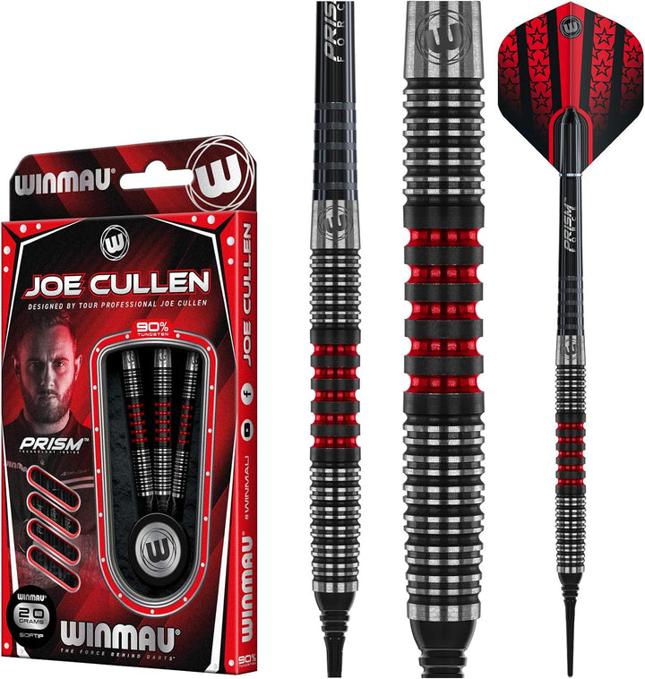 WINMAU Joe Cullen 18 Gram Tungsten Softip Darts Set with Prism Flights and Shafts (Stems)