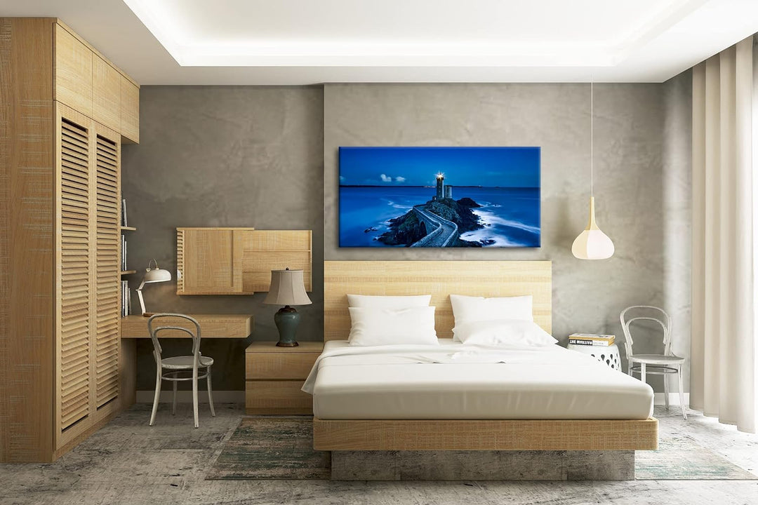 Leuchtturm bei Nacht Panorama 120x60 cm als Leinwandbild, Motiv fertig gerahmt auf Echtholzrahmen, H