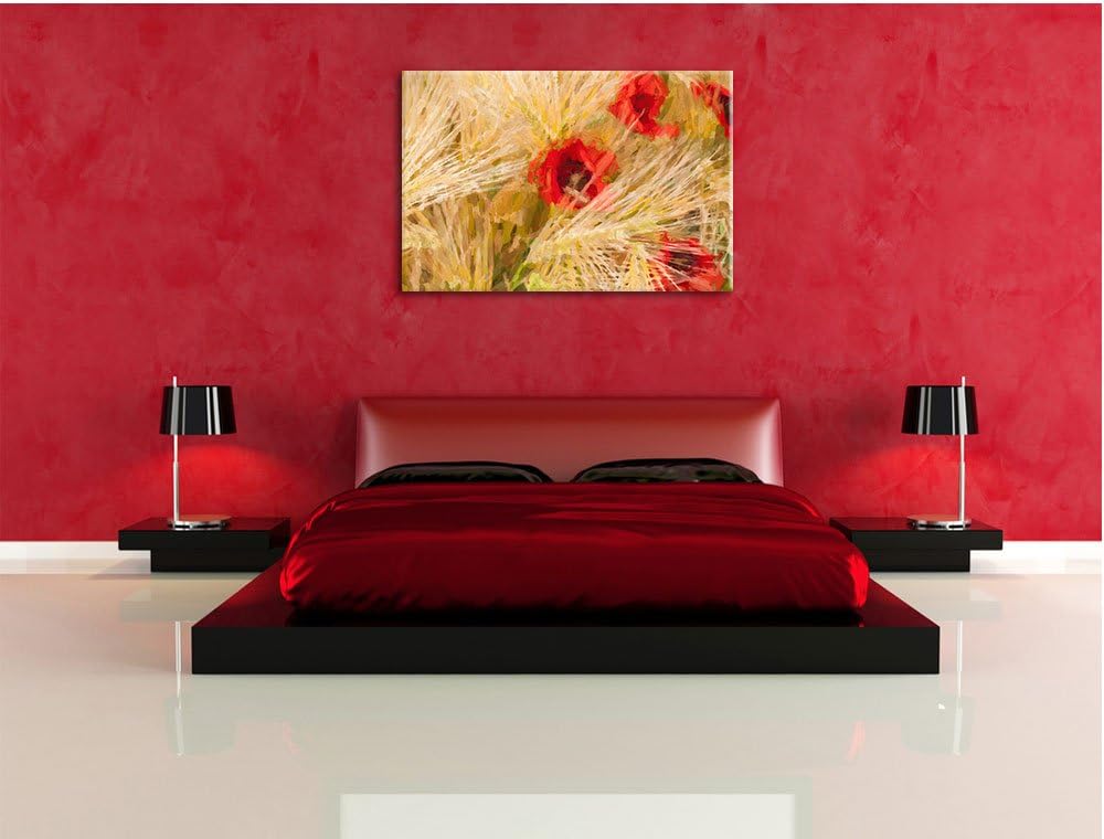 Pixxprint rote Mohnblumen auf dem Mais-Feld Kunst Pinsel Effekt, Format: 100x70 auf Leinwand, XXL ri
