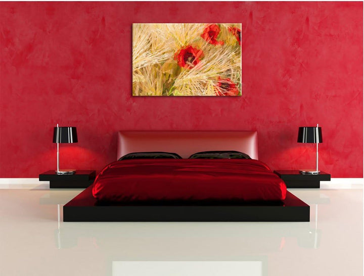 Pixxprint rote Mohnblumen auf dem Mais-Feld Kunst Pinsel Effekt, Format: 100x70 auf Leinwand, XXL ri