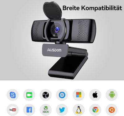 AUSDOM Webcam, Autofokus Webcam mit Mikrofon, Privatsphäre, Plug and Play USB Computer Web Kamera fü