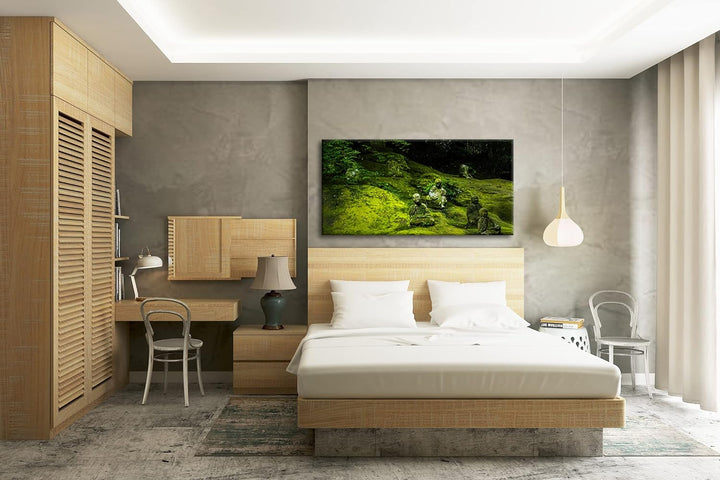 mit Moos bedeckte Buddha-Statuen Panorama 80x40 cm als Leinwandbild, Motiv fertig gerahmt auf Echtho