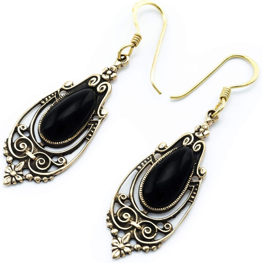 WINDALF Mittelalter-Ohrhänger TALINA h: 5 cm Onyx Edle Bronze