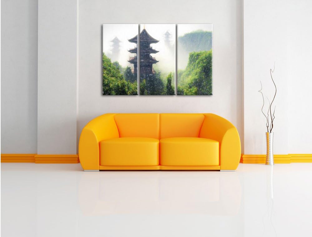 Pixxprint chinesische Häuser Kunst Buntstift Effekt 3-Teiler Leinwandbild 120x80 Bild auf Leinwand