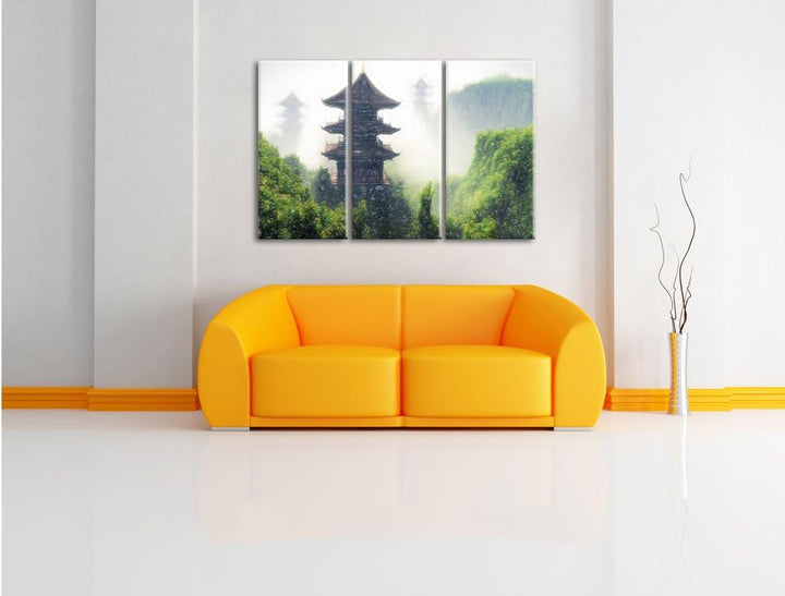Pixxprint chinesische Häuser Kunst Buntstift Effekt 3-Teiler Leinwandbild 120x80 Bild auf Leinwand