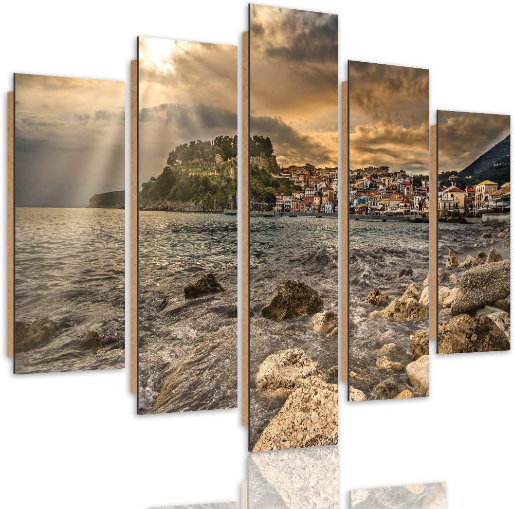 Feeby Bilder Modern Landschaft 5 Teilig Design Art See Städtchen braun 100x70 cm Deco panel 100x70 c