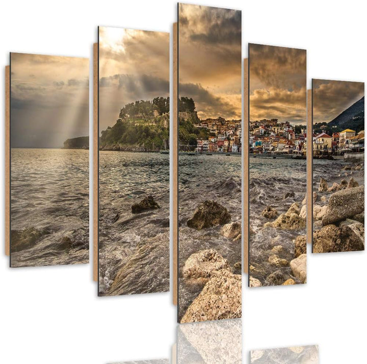 Feeby Bilder Modern Landschaft 5 Teilig Design Art See Städtchen braun 100x70 cm Deco panel 100x70 c