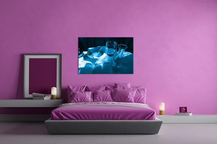 deyoli Brot und Wein Format 100x70 Effekt: Monocrome Blau als Leinwandbild, Motiv fertig gerahmt auf