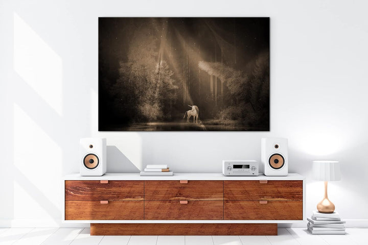 deyoli Einhorn auf einer Waldlichtung Format: 80x60 Effekt: Sepia als Leinwandbild, Motiv fertig ger