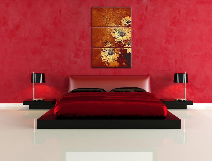 kleine Margareten an Hauswand NewArt 3-Teiler Leinwandbild 120x80 Bild auf Leinwand, XXL riesige Bil