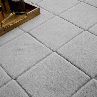 payé Teppich - Wohnzimmer Kuschwelweich 80x150cm Grau Silber Flauschig Karo Muster Modern Deko Teppi