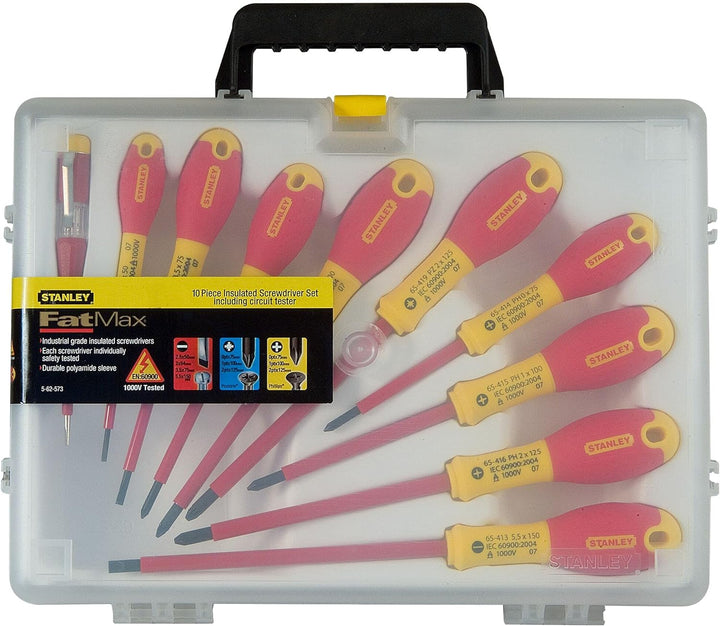 Stanley FatMax Schraubendreher-Set (isoliert, SL2.5/3.5/5.5;PH0/1/2;PZ0/1/2, Spannungstester, 10-tei