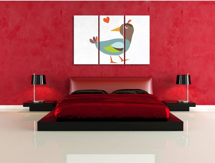 Pixxprint Niedliche Ente mit Herz als Leinwandbild/Grösse: 3 Teilig (120x80) cm/Wandbild/Kunstdruck/