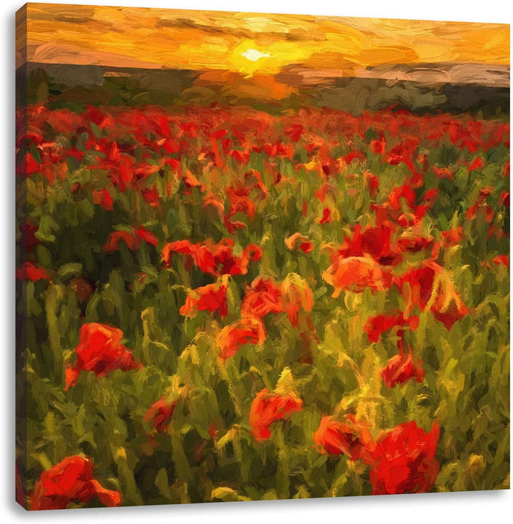 schöne Mohnwiese, Format: 70x70 auf Leinwand, XXL riesige Bilder fertig gerahmt mit Keilrahmen, Kuns