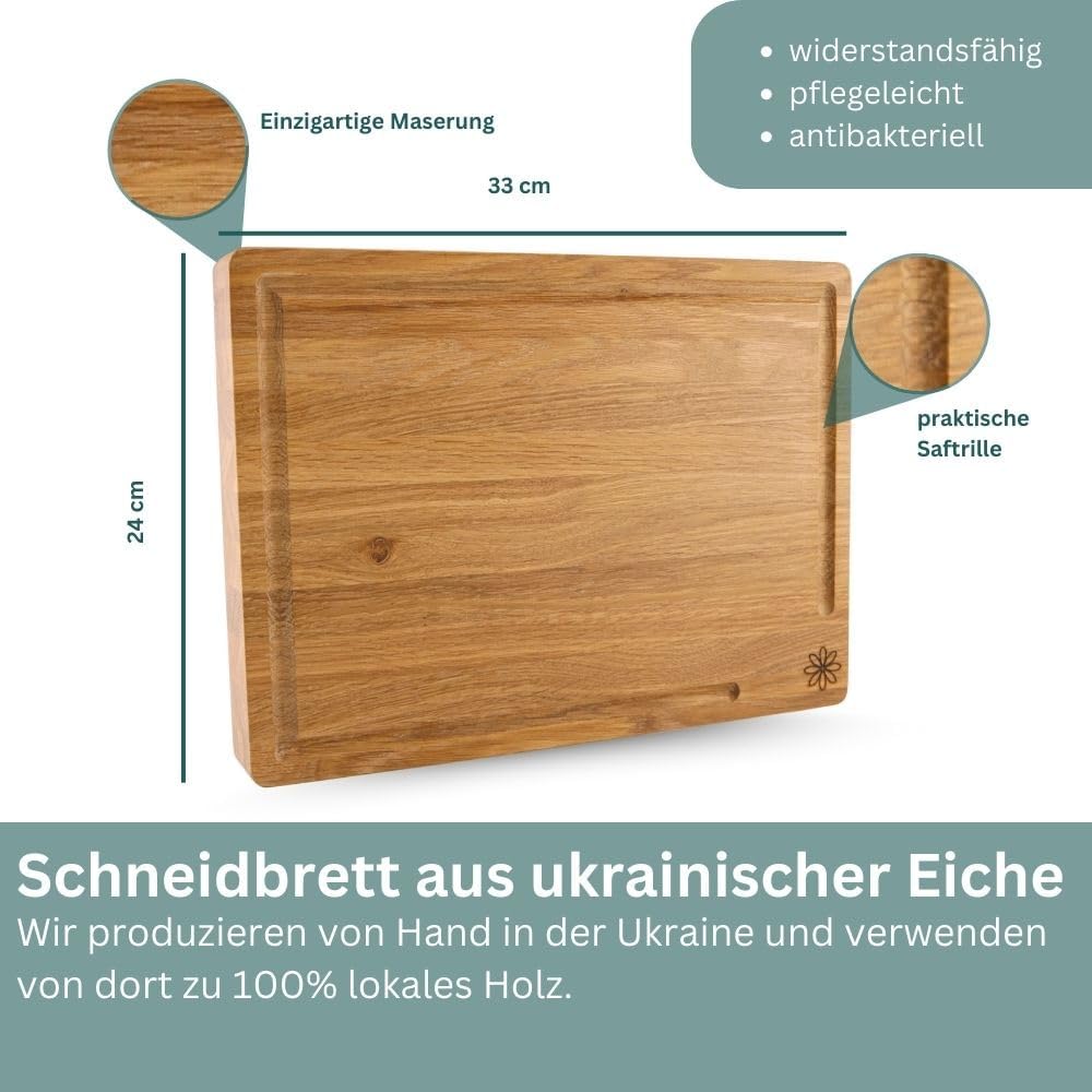 Waldmeister Schneidebrett aus massiver Eiche (33x24cm) - Eichenbrett mit Saftrille - Holzbrett mit p