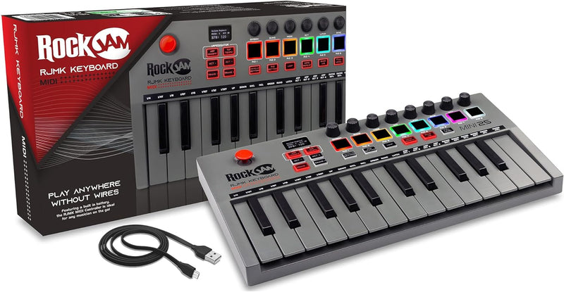 RockJam Go 25 Key USB & Bluetooth MIDI Keyboard Controller With 8 Backlit Drum Pads, 8 Knobs 25 Tast