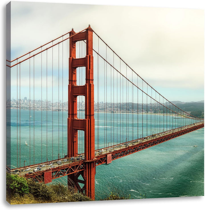 Pixxprint Golden Gate Bridge / 70x70cm Leinwandbild bespannt auf Holzrahmen/Wandbild Kunstdruck Deko