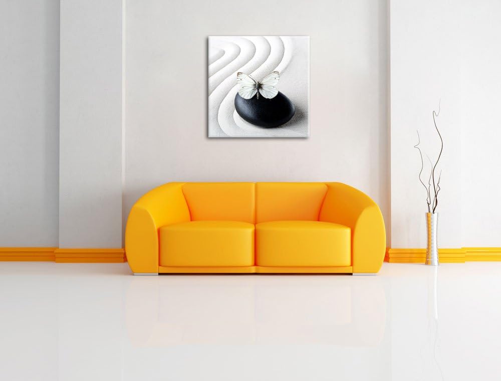 Pixxprint Schmetterling auf Zen Stein im Sand, Format: 70x70 auf Leinwand, 70x70