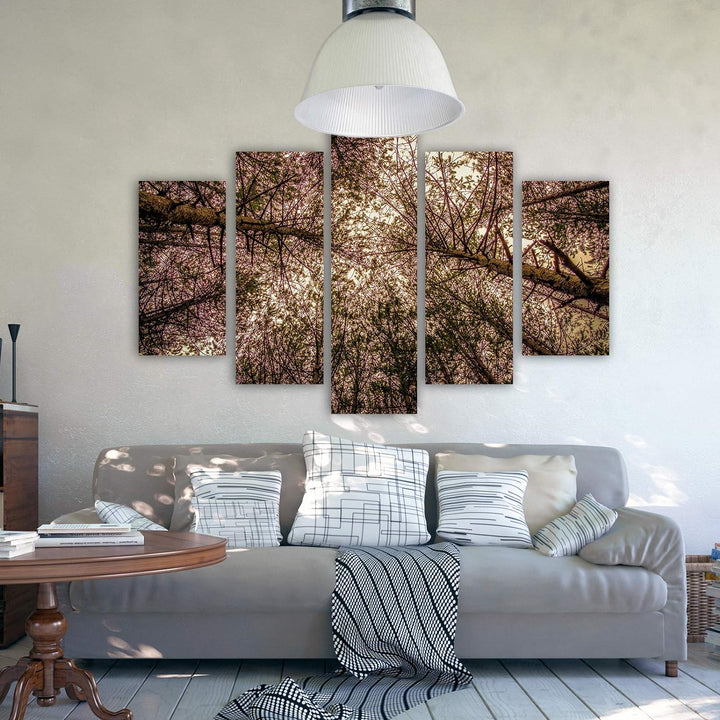 Feeby Wanddeko XXL Landschaft Leinwandbild 5 Teilig Natur Bäume Blätter rosa 250x120 cm Leinwandbild