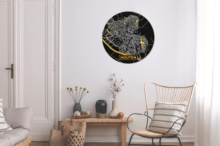 MuchoWow Wandbild Rund Wanddeko Deko Wohnzimmer Bilder 60x60 cm Houten - Schwarz und Gold - Stadtpla