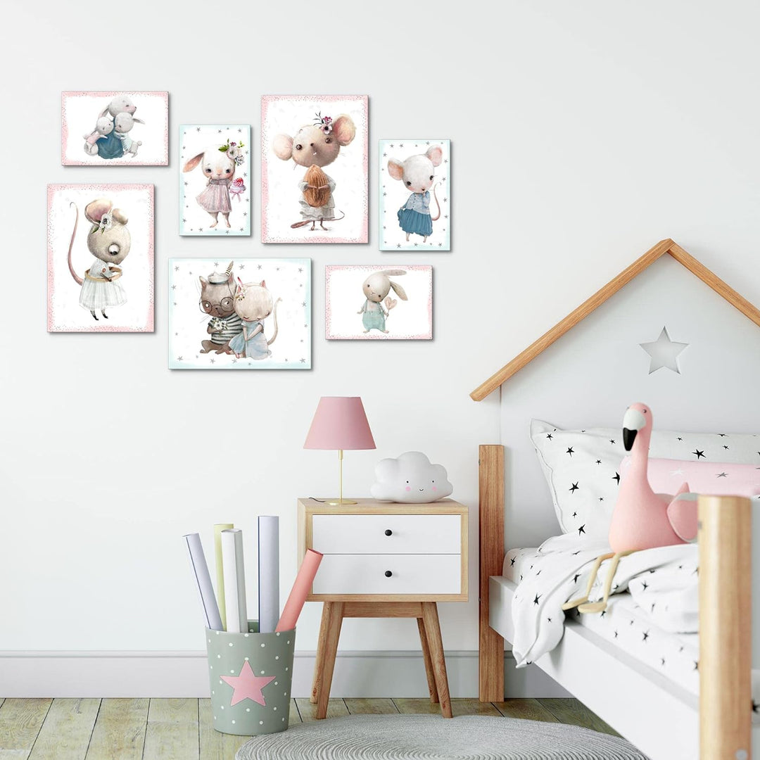 Novart Wandbilder Tiere - KOMPLETT AUFHÄNGFERTIG - Mäuse Rosa Kinderzimmer Mädchen- 7 Moderne Mood-B