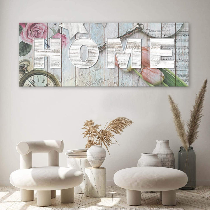 Feeby Bild auf Leinwand Haus 90x30 cm Kunstdruck modern Rosen Tulpen Blumen Küche Beige Leinwandbild
