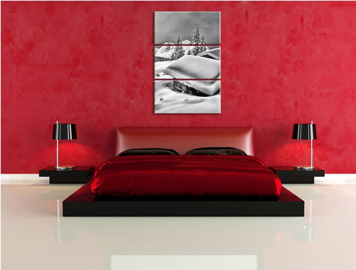 Pixxprint Monocrome, Verschneite Berghütten in den Alpen 3-Teiler Leinwandbild 120x80 Bild auf Leinw