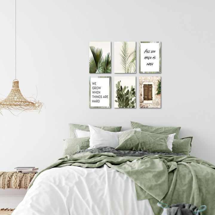 Novart Wandbilder Set - KOMPLETT AUFHÄNGFERTIG - Made in Germany - Moderne Bilder Grüne Blätter Wohn