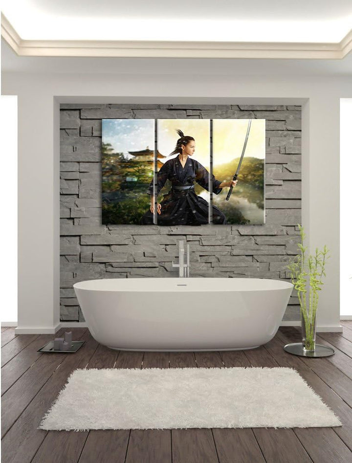 Pixxprint Samurai-Kriegerin Schnee / 3-Teilig/Gesamtmass 120cm Leinwandbild bespannt auf Holzrahmen/