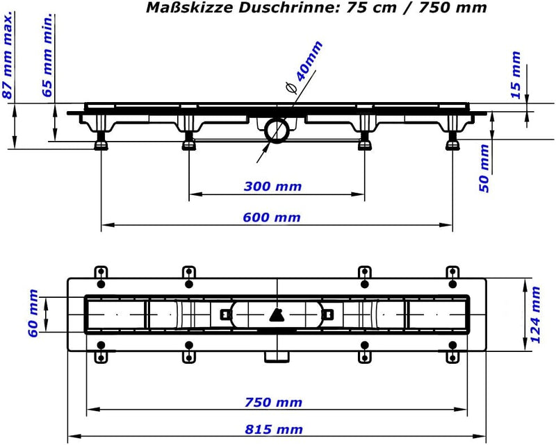 Duschrinne Bodenablauf Edelstahl Ablaufrinne Badablauf flach 65cm Modell: Square