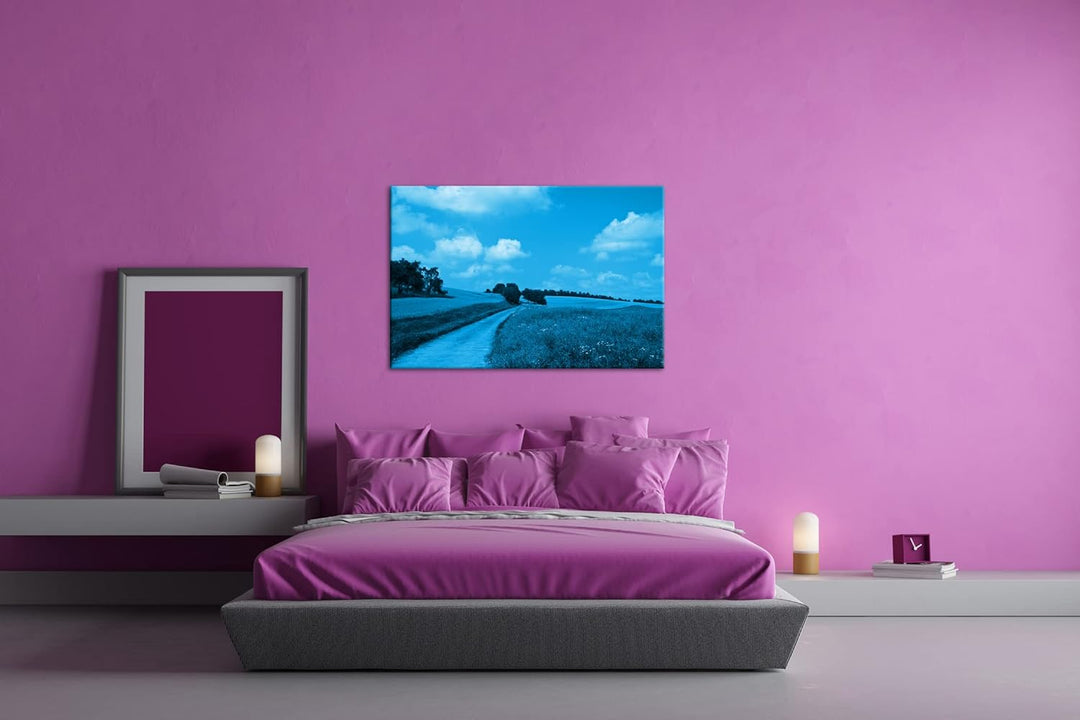 deyoli Feldweg im Sommer Format 80x60 Effekt: Monocrome Blau als Leinwandbild, Motiv fertig gerahmt