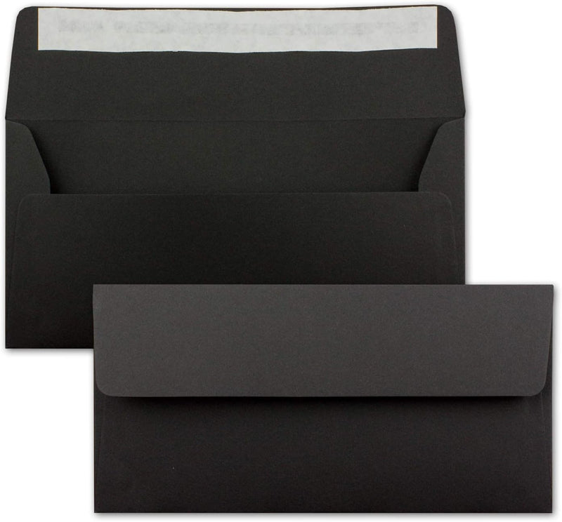 200x Kraftpapier Umschläge DIN Lang - Schwarz ÖKO - Haftklebung 11 x 22 cm - 120 g/m² breite Lasche