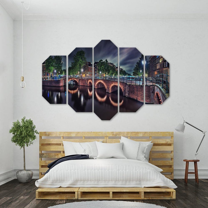 Wandbild XXL 5 tlg Amsterdam Deko Kunst Bild mehrfarbig 200x100 cm Deko Paneel 200x100 cm mehrfarbig