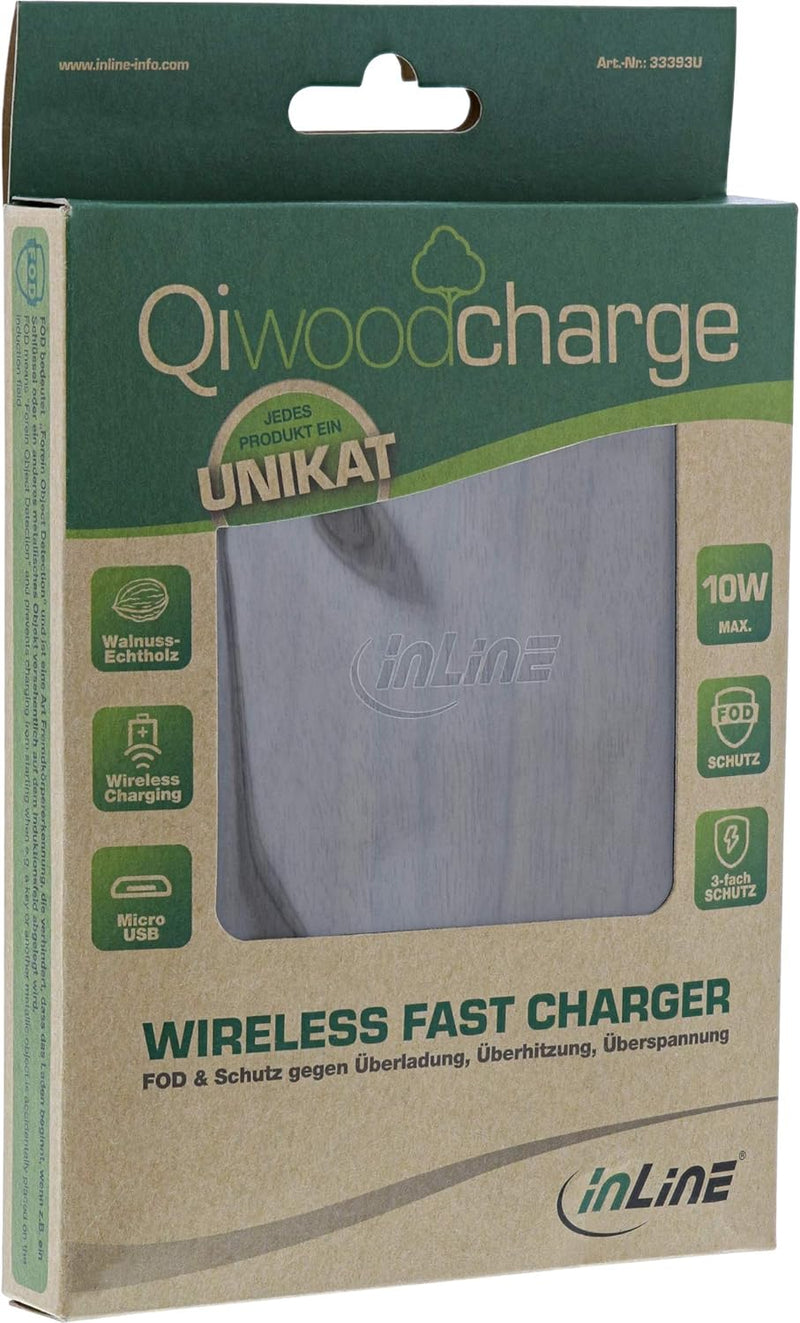 InLine® Qi woodcharge, Wireless Fast Charger, Smartphone kabellos Laden, 5/7,5/10W