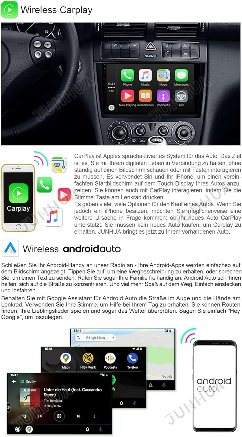 JUNHUA 9" Android 12 Autoradio Navi 2GB+32GB für Mercedes-Benz C-Class W203 (2004–2007), Unterstützt