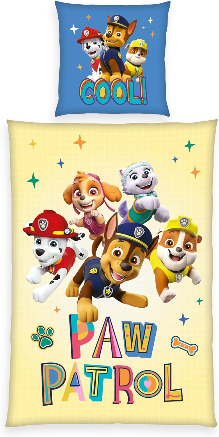 Herding Bettwäsche-Set, Paw Patrol, Kopfkissenbezug 80 x 80 cm mit Reissverschluss und Wende-Motiv,