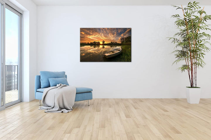 deyoli einsames Boot am See Format: 120x80 als Leinwandbild, Motiv fertig gerahmt auf Echtholzrahmen
