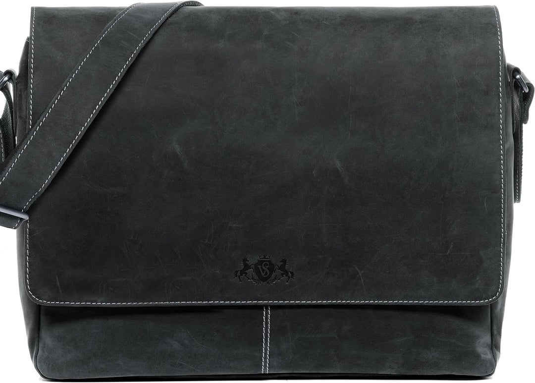 SID & VAIN Laptoptasche Messenger Bag SPENCER aus Büffel-Leder I Business-Tasche XL gross für Herren