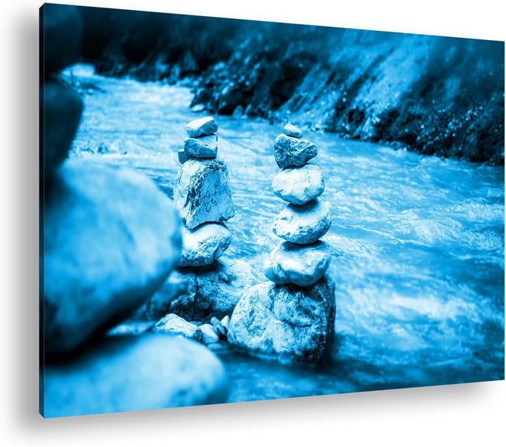 deyoli gestapelte Steine am Flussufer Format 80x60 Effekt: Monocrome Blau als Leinwandbild, Motiv fe