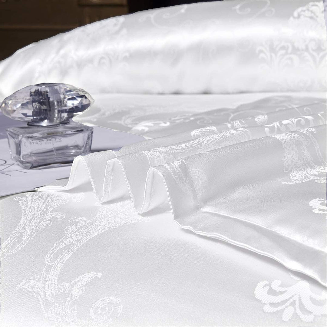 Bettwäsche Satin 135x200 cm 4teilig Seiden Deckenbezug Weiss Blumen Muster Bettbezug Set Glatt Luxus
