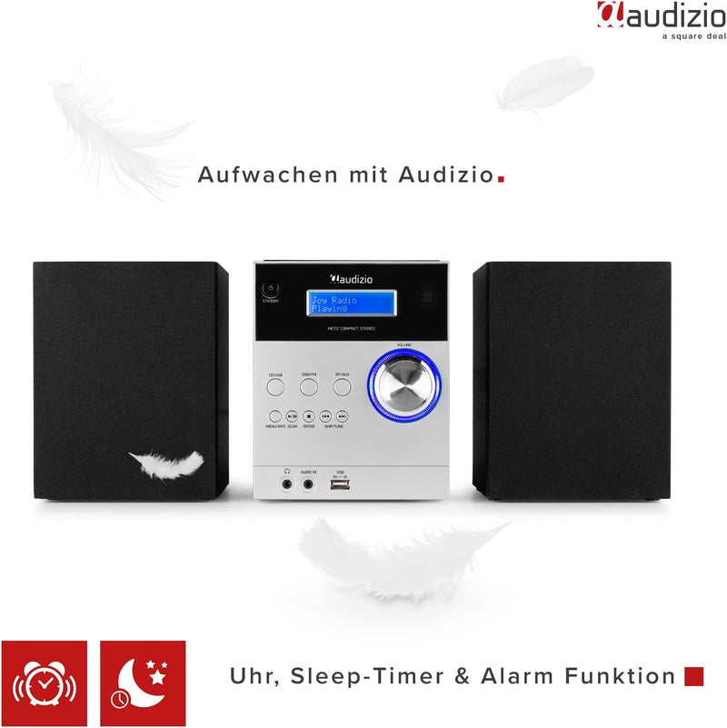 Audizio Metz DAB Radio mit CD, Bluetooth, MP3 Player, Fernbedienung, UKW, Aux Eingang, Radio Wecker,