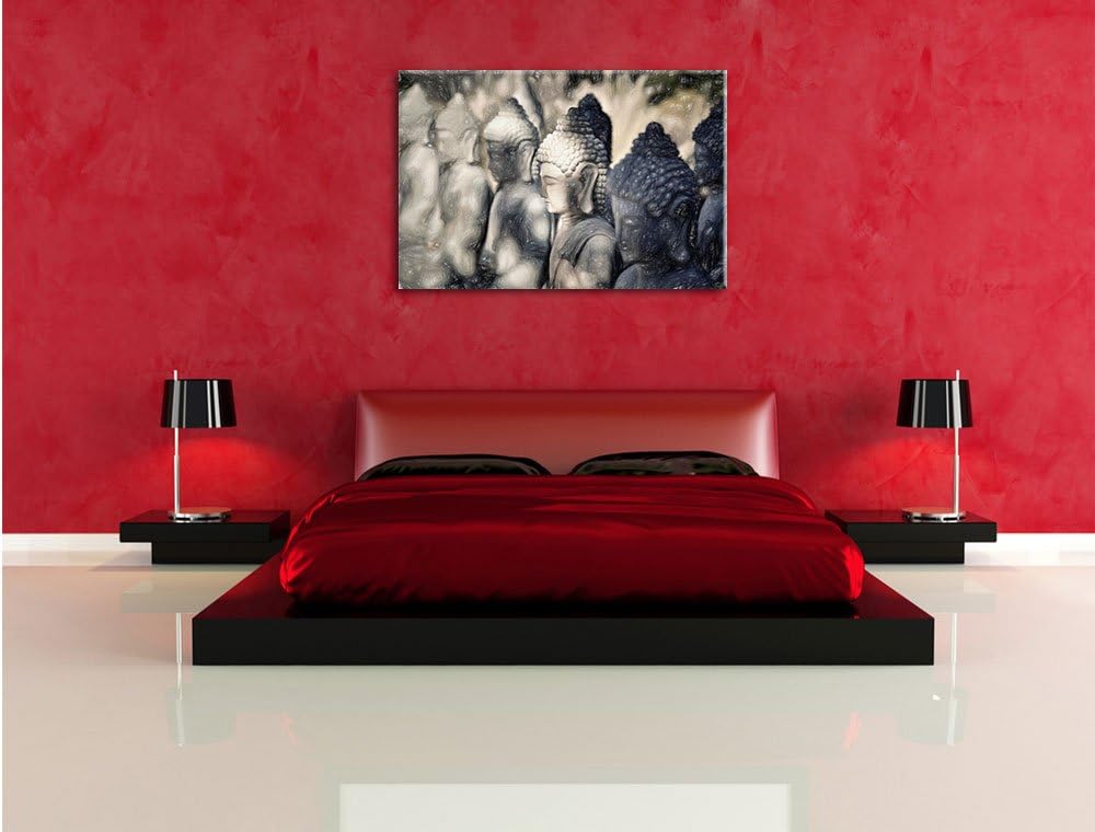 Pixxprint Meditierende Buddha-Statuen in Einer Reihe Kunst Buntstift Effekt, Format: 100x70 auf Lein