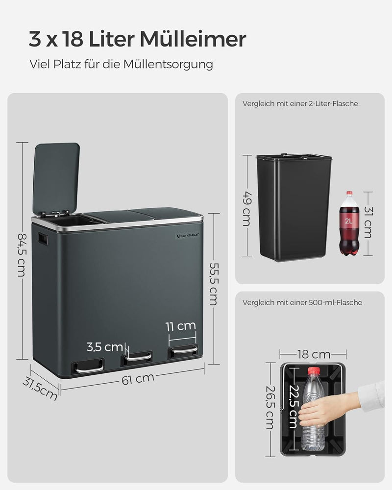 SONGMICS Mülleimer für die Mülltrennung mit 3 Säcken, 3 x 18 Liter, Mülleimer mit 3 Fächern, Deckel