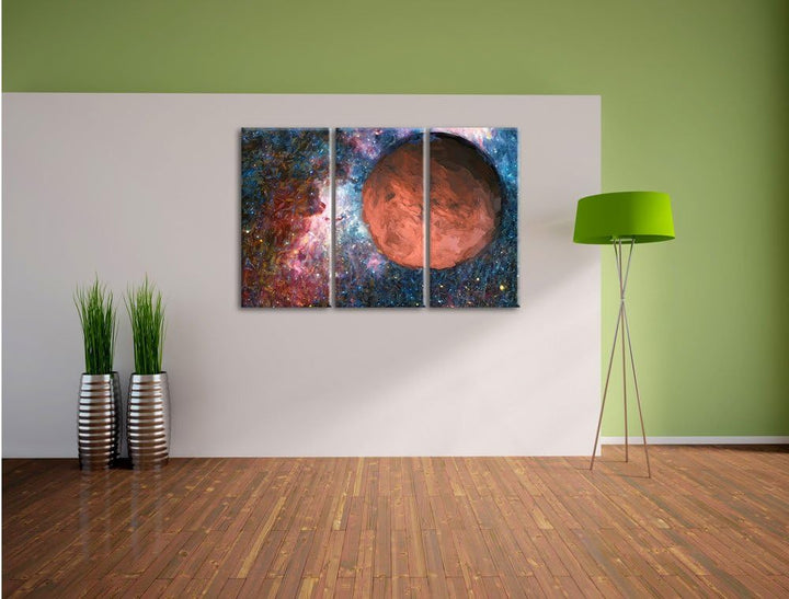 Pixxprint Mars im Weltall Kunst / 3-Teilig/Gesamtmass 120cm Leinwandbild bespannt auf Holzrahmen/Wan