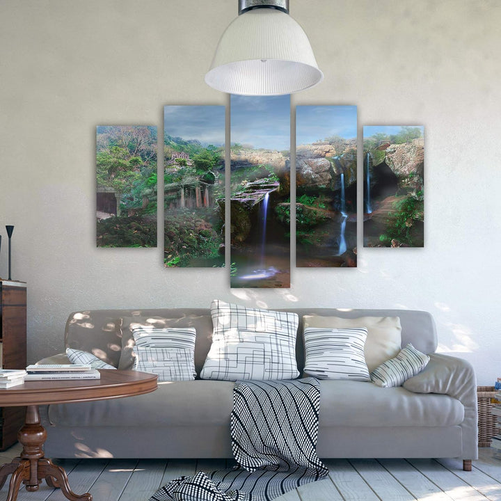 Feeby Leinwandbild 5 Teilig Landschaft Bild Wanddeko Wasserfall Berge Himmel grün 150x100 cm Leinwan