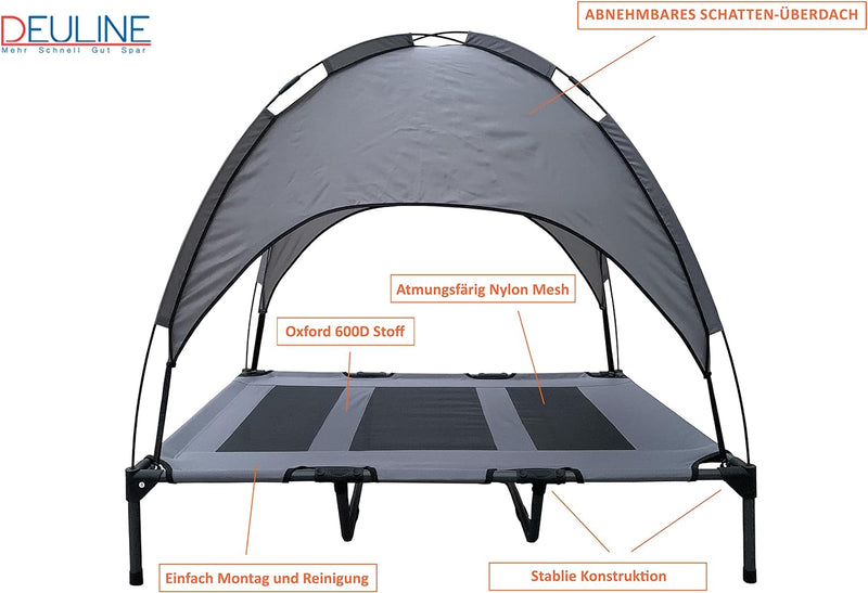 DEULINE Hundeliege mit Dach erhöhtes Hundebett Garten Outdoor Haustierliege L-91x76x18/90cm GRAU 520