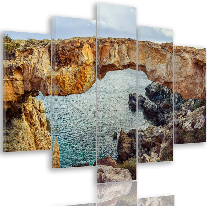 Wandbild XXL 5 Teilig Natur Leinwandbild Fels See Himmel Landschaft orange 300x140 cm Leinwandbild 3