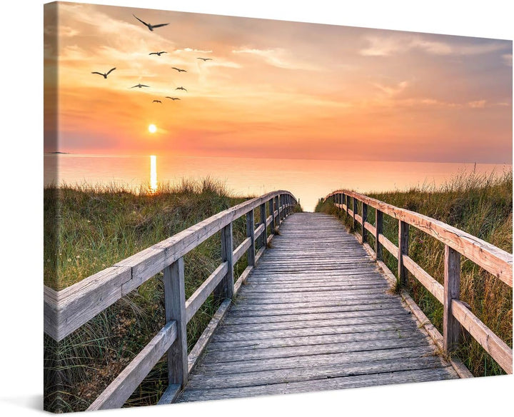 PICANOVA – Bild auf Leinwand Holzweg zum Meer 120x80cm – Leinwandbild – Premium Leinwanddruck – Wand