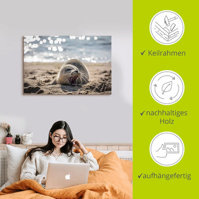 ARTland Leinwandbilder Wandbild Bild auf Leinwand 90x60 cm Wanddeko Baby Robbe Seehund Meer Strand L